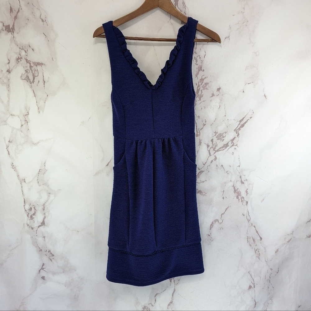 Anthropologie Dress Women XS 0 2 Purple Ribbed Pockets Mini Maeve Ruffle Ottoman